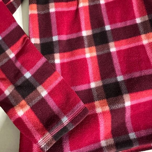 Eddie Bauer Pink/Orange Plaid Quarter Zip Fleece Pullover Sweatshirt - Picture 7 of 9